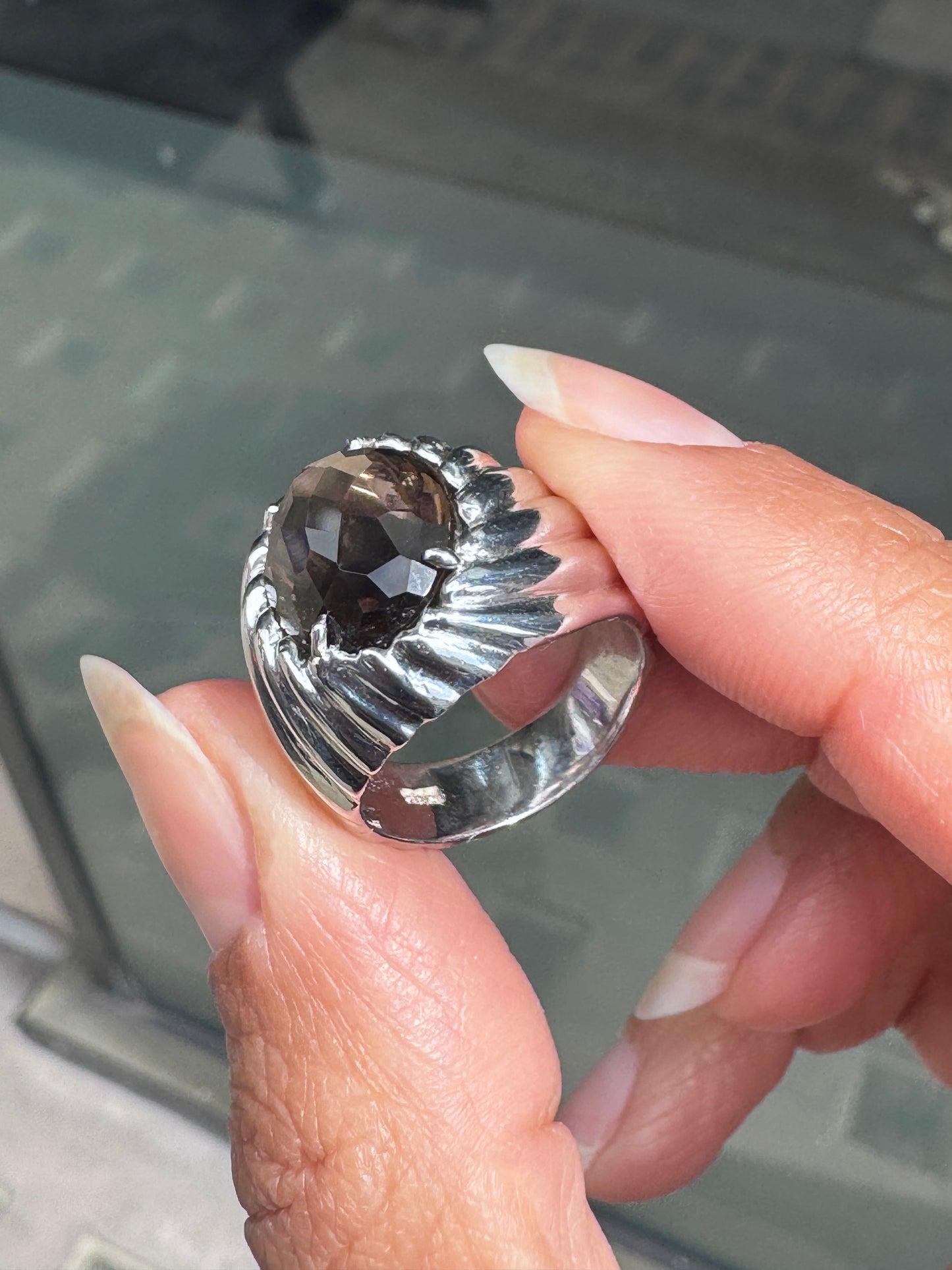 Faceted Oval Smoky Quartz Bombé Dome Cocktail Ring in 14 Carat White Gold