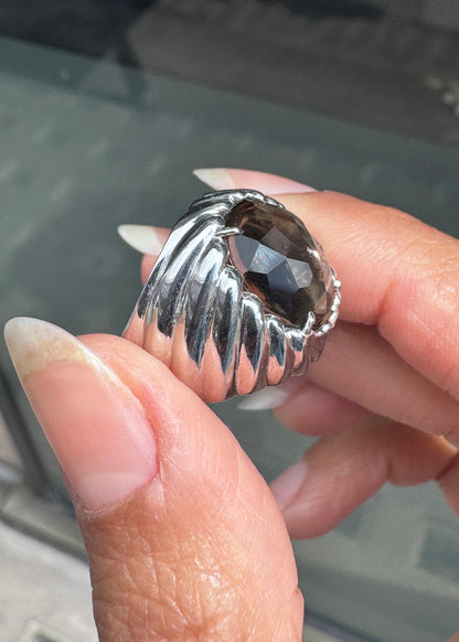 Faceted Oval Smoky Quartz Bombé Dome Cocktail Ring in 14 Carat White Gold