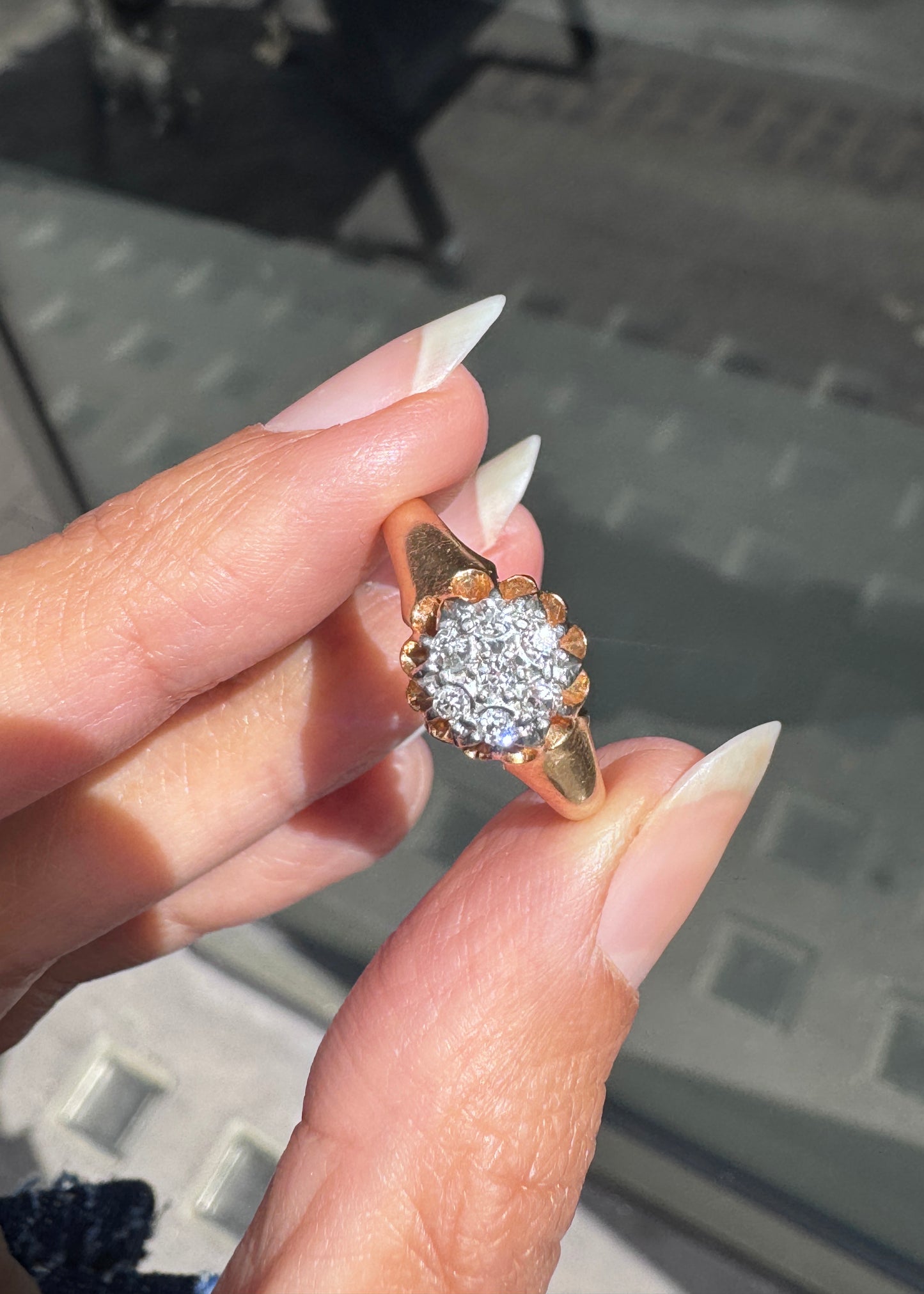Antique Old Cut Diamond 18 Carat Yellow Gold and Platinum Cluster Ring