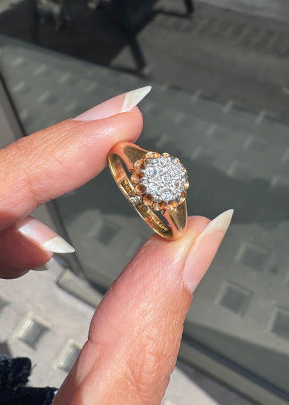 Antique Old Cut Diamond 18 Carat Yellow Gold and Platinum Cluster Ring