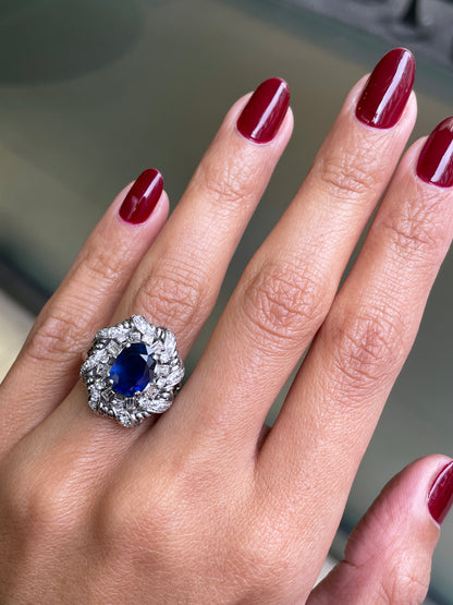 2.02 Carat Natural Blue Sapphire and Diamond Platinum Cluster Cocktail Ring