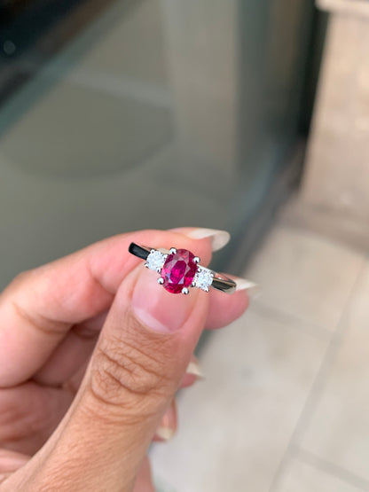 Natural Unheated Oval Ruby and Diamond 18 Carat Gold Three Stone Engagement Ring