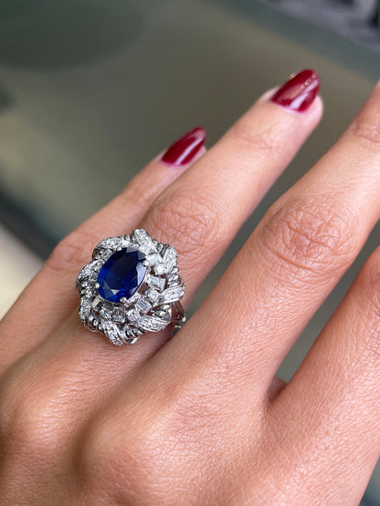 2.02 Carat Natural Blue Sapphire and Diamond Platinum Cluster Cocktail Ring