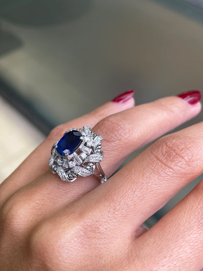2.02 Carat Natural Blue Sapphire and Diamond Platinum Cluster Cocktail Ring