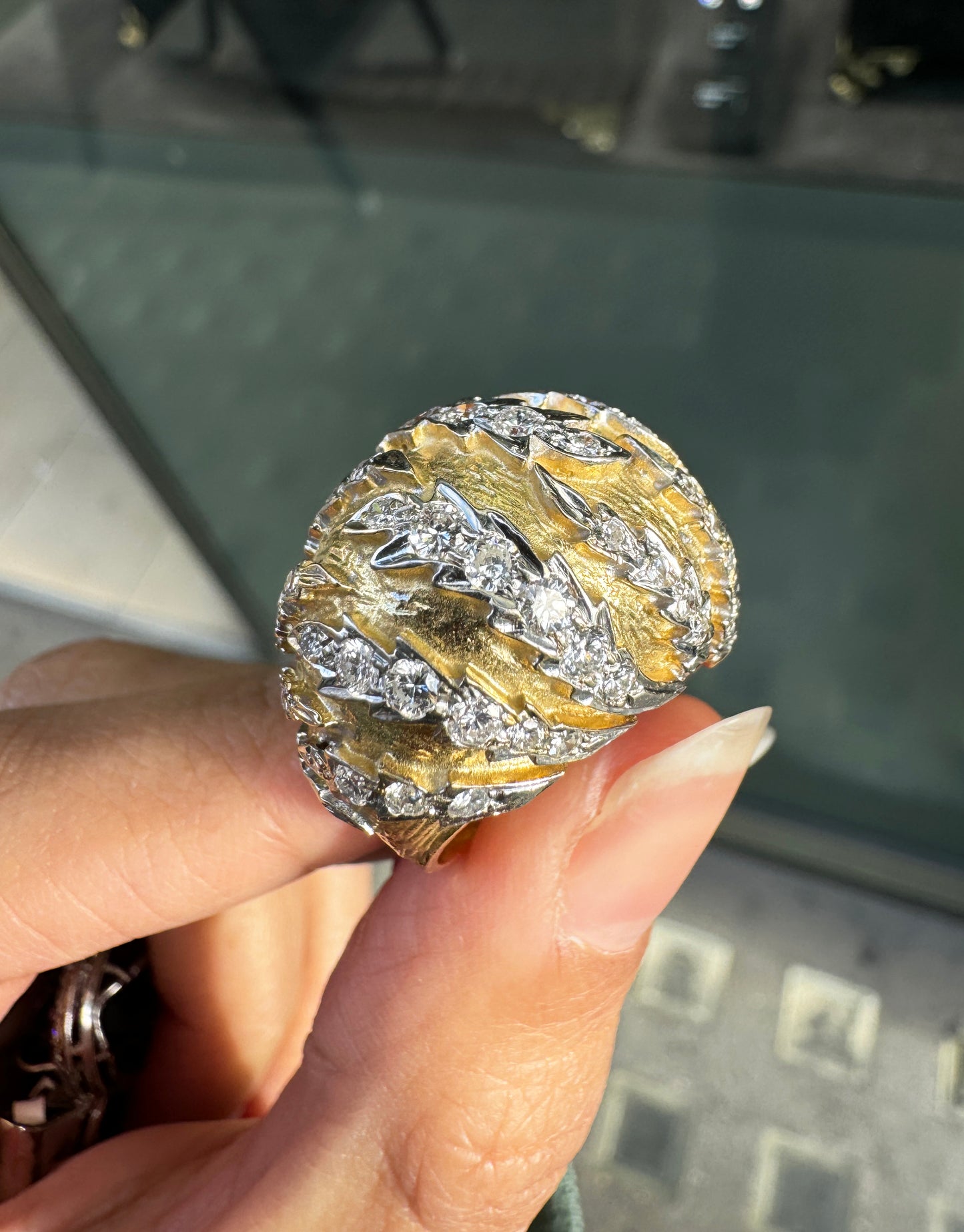 Diamond 18 Carat Yellow and White Gold Textured Bombé Dome Cocktail Ring