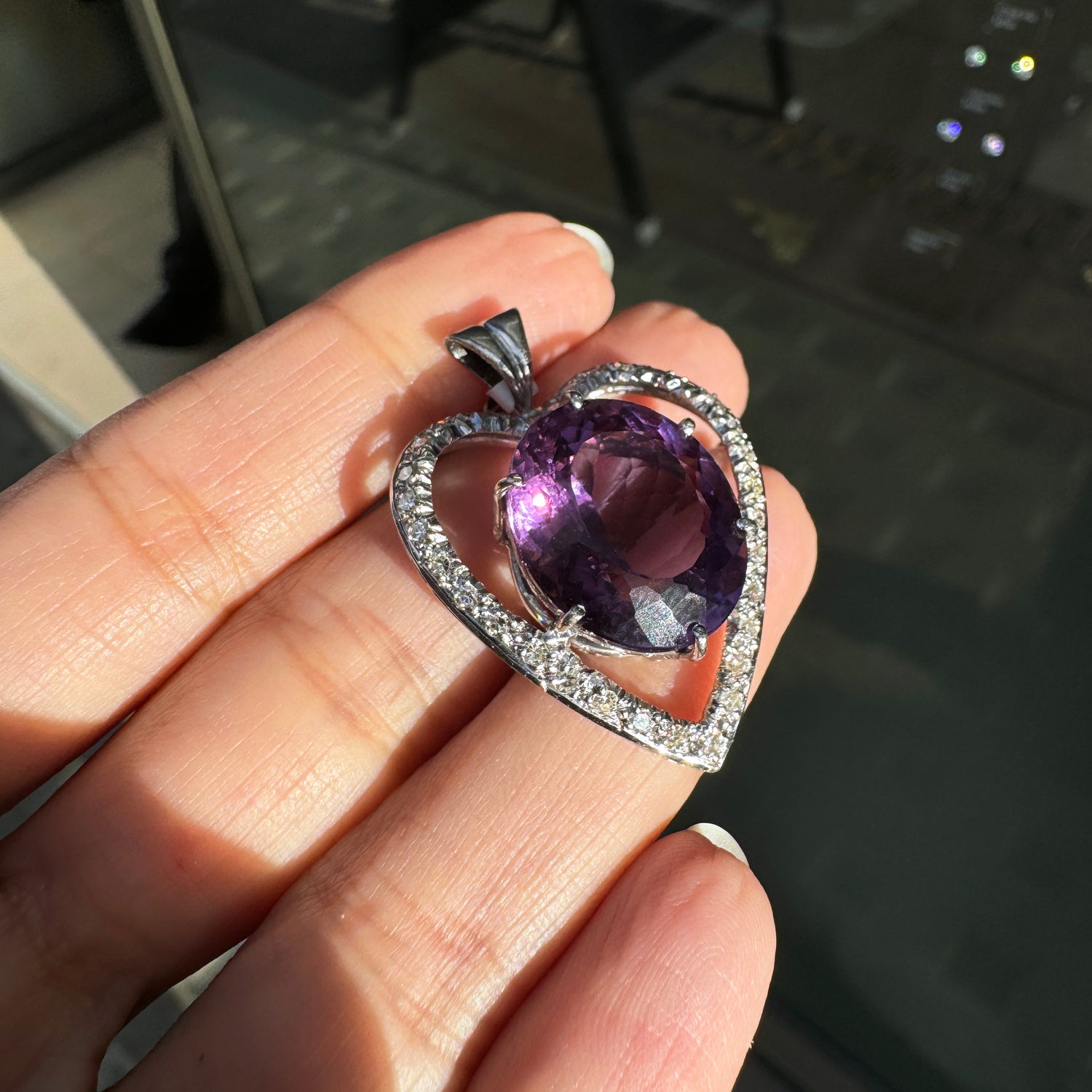 Oval Amethyst and Diamond 18 Carat White Gold Heart Pendant