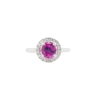 1.54ct Pink Sapphire and Diamond Halo 18K White Gold Cluster Engagement Ring