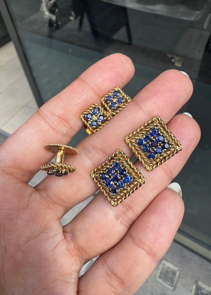 Vintage Ben Rosenfeld Blue Sapphire Square Cufflinks & Studs Set in 18K Gold