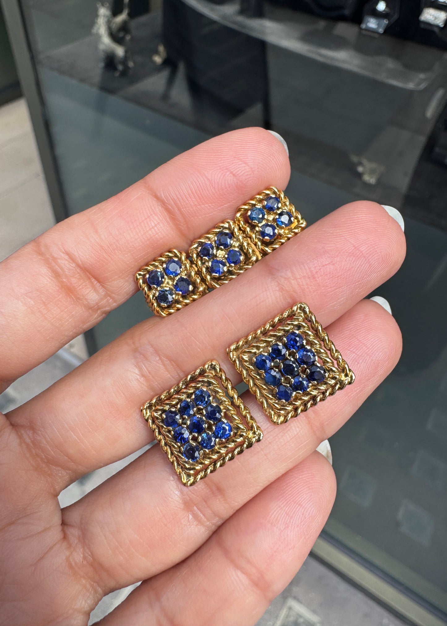 Vintage Ben Rosenfeld Blue Sapphire Square Cufflinks & Studs Set in 18K Gold
