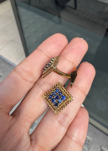 Vintage Ben Rosenfeld Blue Sapphire Square Cufflinks & Studs Set in 18K Gold