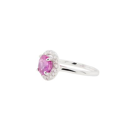 1.54ct Pink Sapphire and Diamond Halo 18K White Gold Cluster Engagement Ring