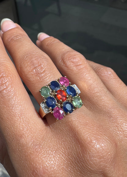 Multi-Coloured Sapphire and Diamond Cluster Cocktail Ring in 9 Carat Yellow Gold