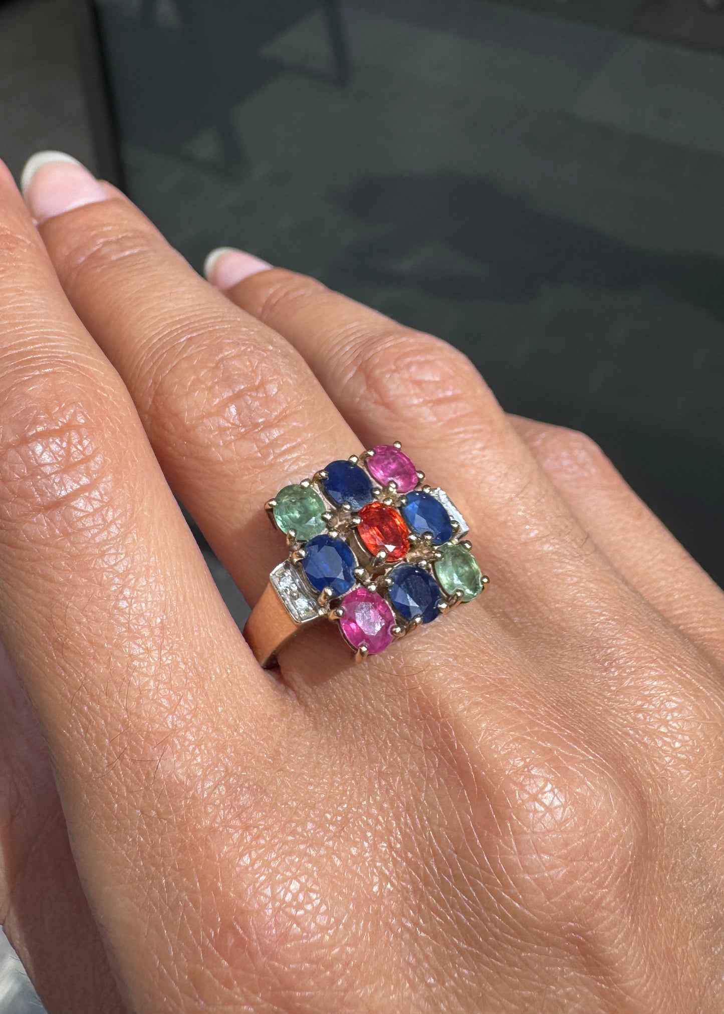 Multi-Coloured Sapphire and Diamond Cluster Cocktail Ring in 9 Carat Yellow Gold