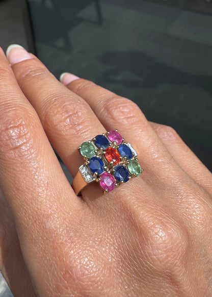 Multi-Coloured Sapphire and Diamond Cluster Cocktail Ring in 9 Carat Yellow Gold