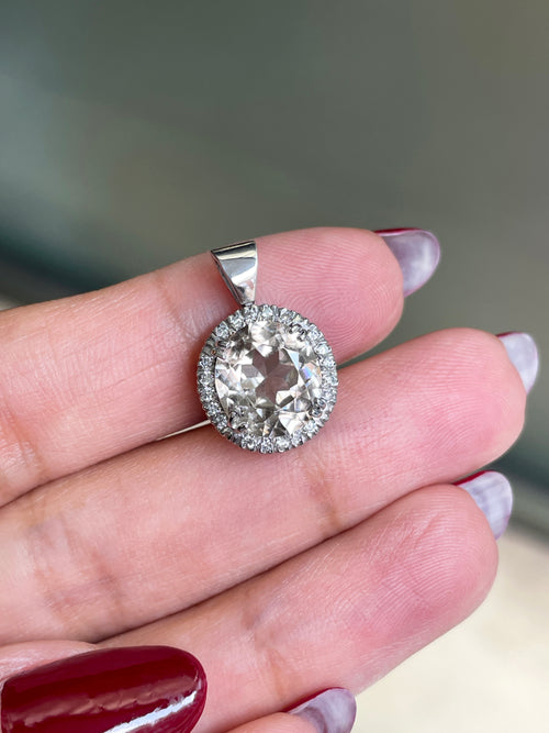 4.25ct Zircon and Diamond 18 Carat White Gold Halo Cluster Pendant