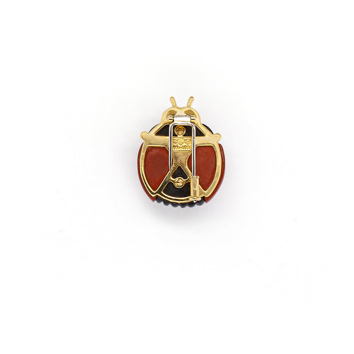 Diamond, Black Onyx and Carnelian 18 Carat Yellow Gold Ladybird Clip Brooch