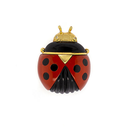Diamond, Black Onyx and Carnelian 18 Carat Yellow Gold Ladybird Clip Brooch