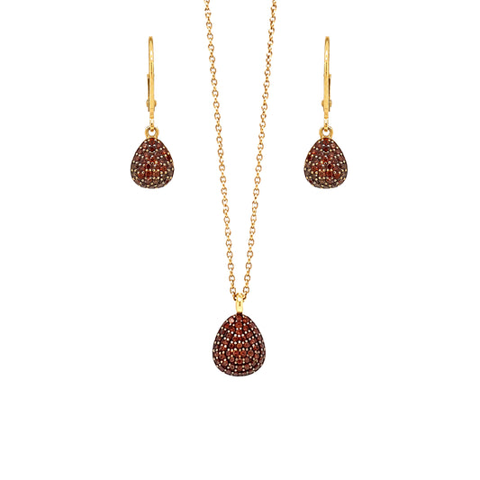 Links of London Garnet Pear Shape Pendant Necklace and Earrings Set in 18K Gold