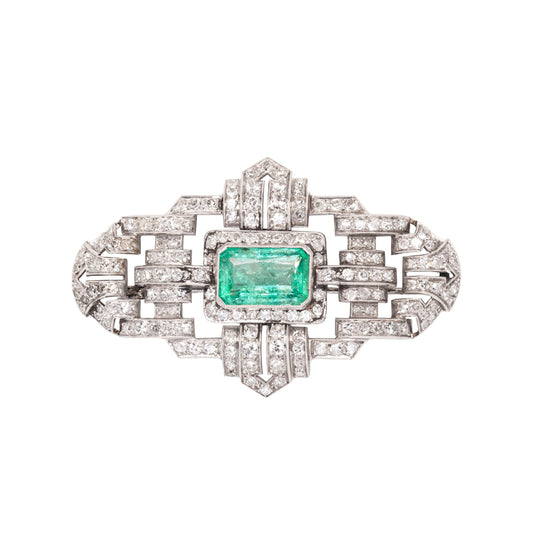 Art Deco Emerald and Diamond Platinum Plaque Brooch