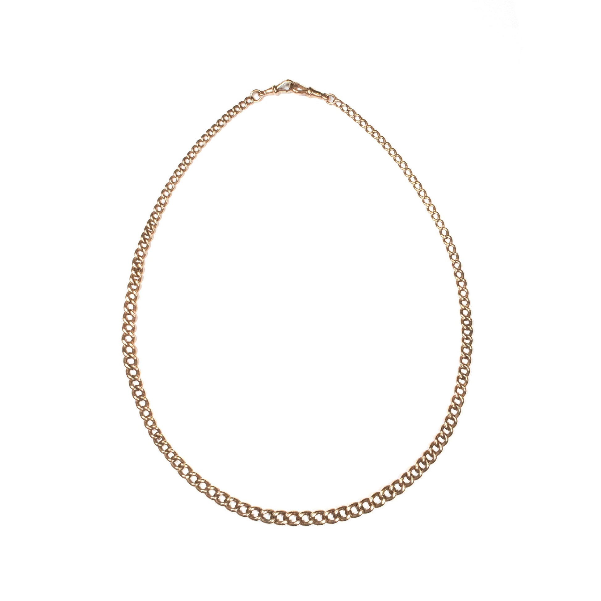 A gold-colored graduated Albert chain with two 'Dog' clasps, displayed on a white background.