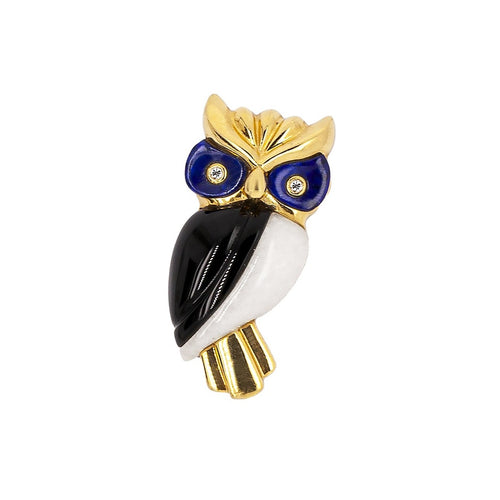 Diamond, Lapis Lazuli, Onyx and Quartz 18 Carat Yellow Gold Owl Brooch