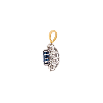 Oval Blue Sapphire and Diamond 18 Carat White and Yellow Gold Cluster Pendant