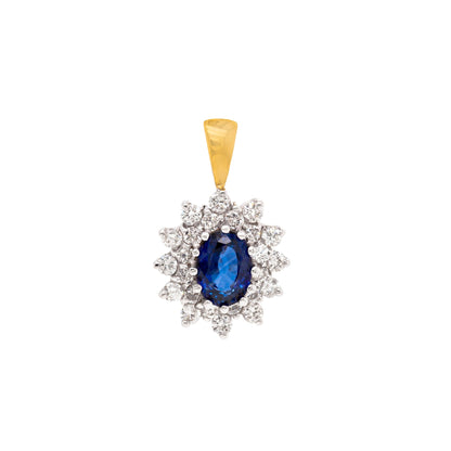 Oval Blue Sapphire and Diamond 18 Carat White and Yellow Gold Cluster Pendant