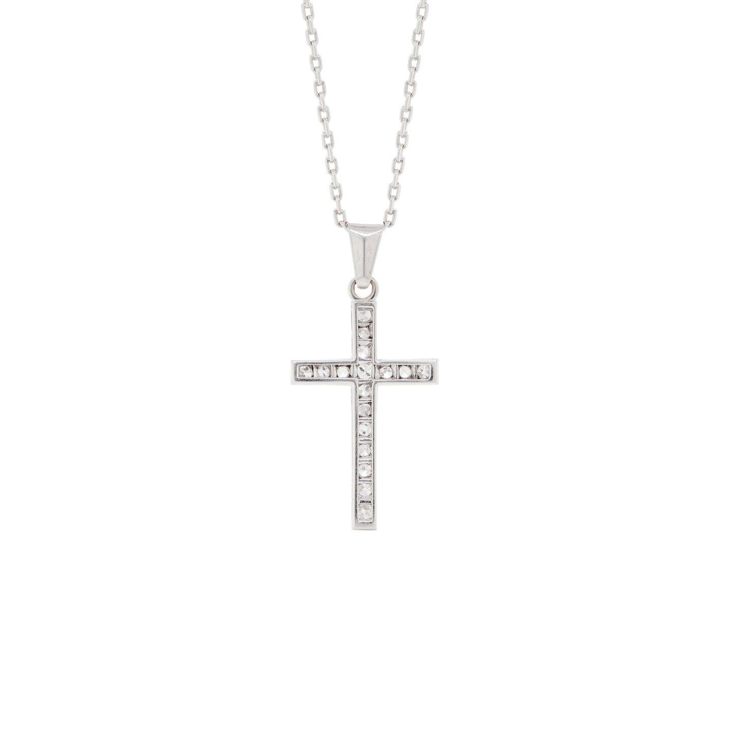 Vintage Old Cut Diamond and 18 Carat White Gold Cross Pendant Necklace