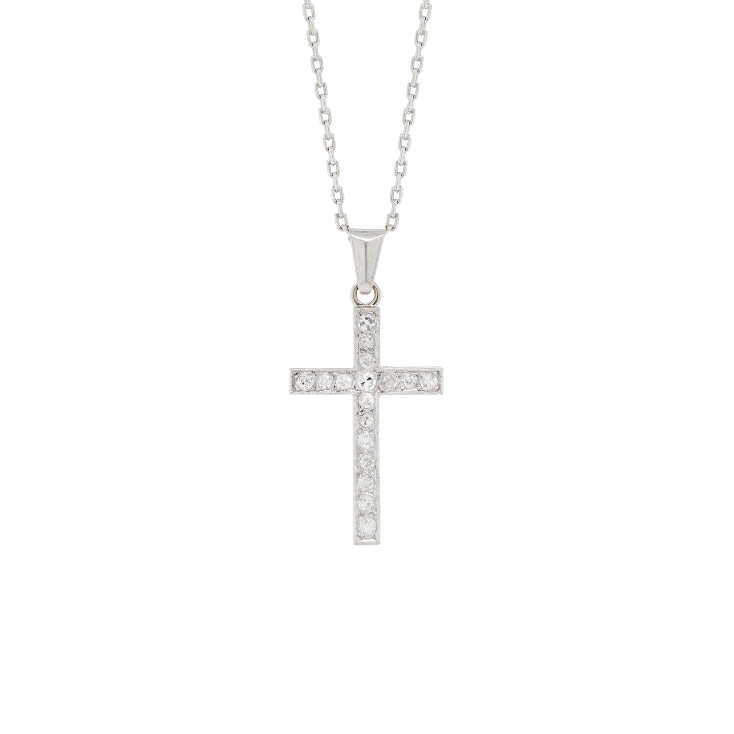 Vintage Old Cut Diamond and 18 Carat White Gold Cross Pendant Necklace