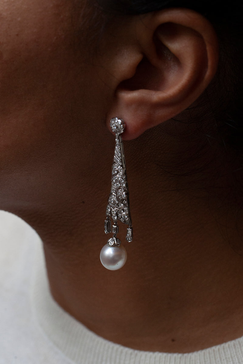 18ct White Gold, Diamond and Pearl Drop Earrings
