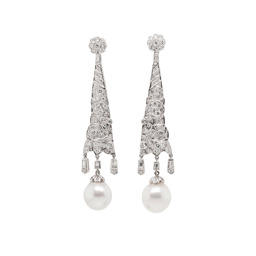 18ct White Gold, Diamond and Pearl Drop Earrings