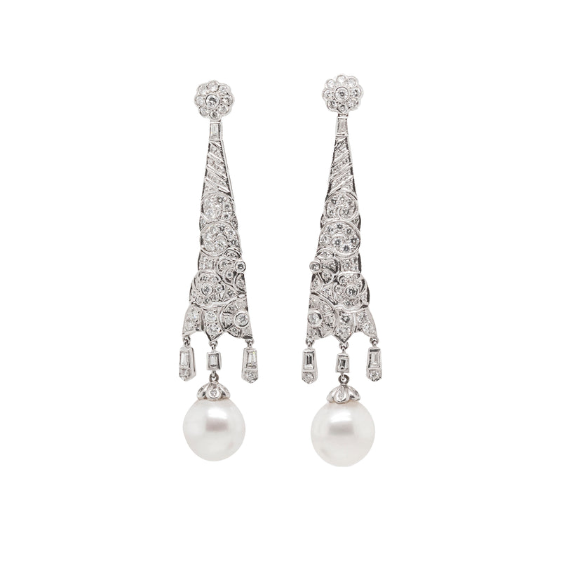 18ct White Gold, Diamond and Pearl Drop Earrings