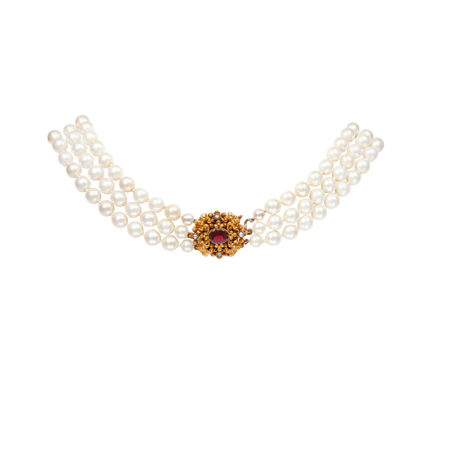 Three-Row Cultured Pearl Necklace with Garnet and Seed Pearl Yellow Gold Clasp