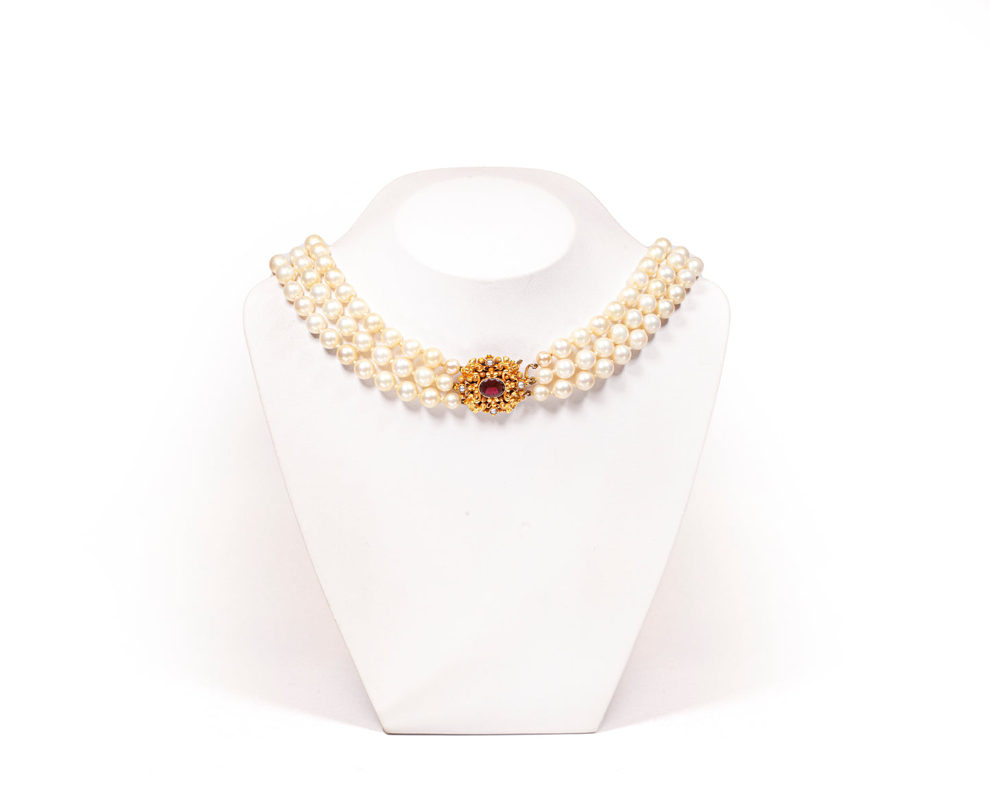 Three-Row Cultured Pearl Necklace with Garnet and Seed Pearl Yellow Gold Clasp