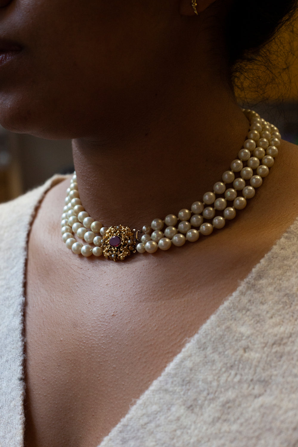 Three-Row Cultured Pearl Necklace with Garnet and Seed Pearl Yellow Gold Clasp
