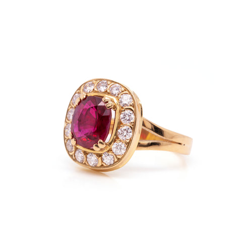 Ruby and Diamond 18 Carat Yellow Gold Cluster Engagement Ring