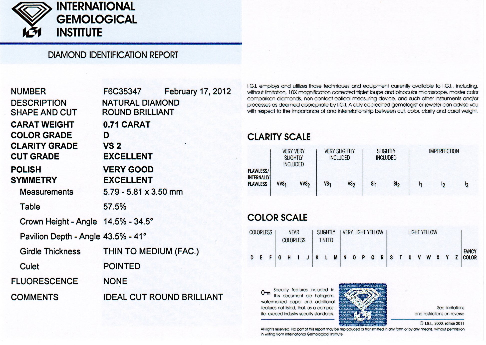 diamond identification certificate 0.71 carat