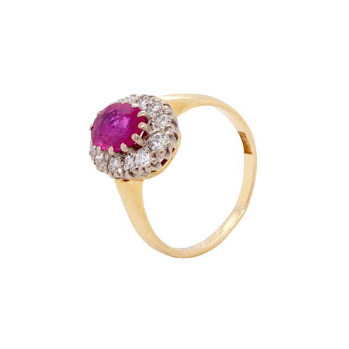 Oval Ruby and Diamond 18 Carat White and Yellow Gold Cluster Engagement Ring