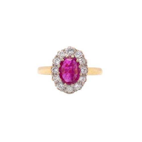 Oval Ruby and Diamond 18 Carat White and Yellow Gold Cluster Engagement Ring