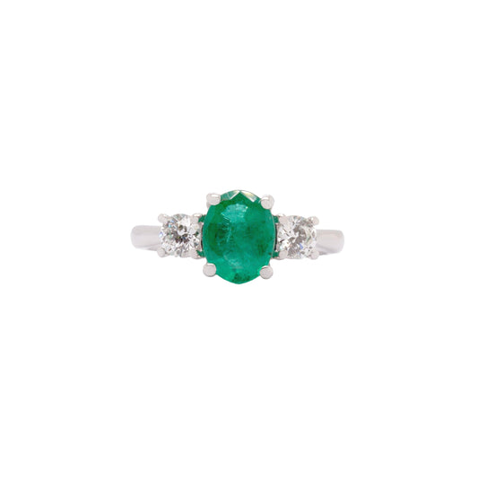 1.62ct Oval Emerald and 0.47ct Diamond Three Stone Platinum Ring