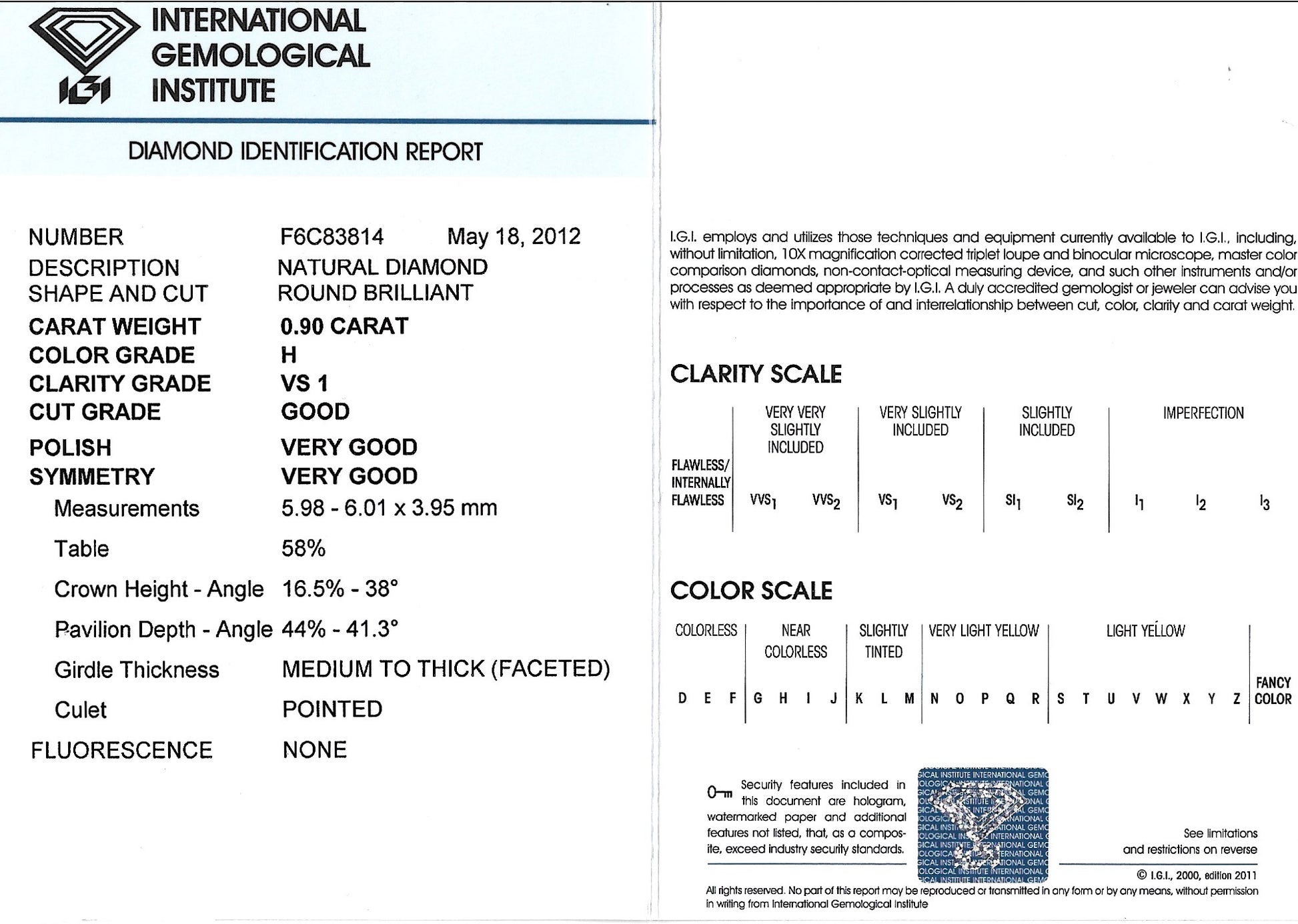 IGL diamond certifcate VS1