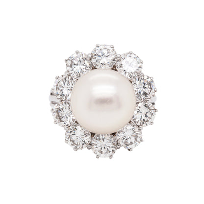 South Sea Pearl and Diamond 18 Carat White Gold Cluster Flower Engagement Ring