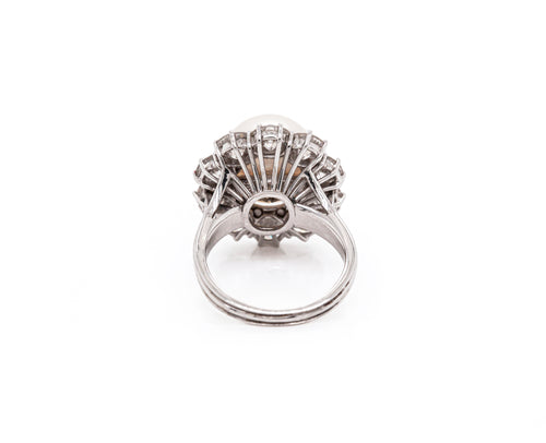South Sea Pearl and Diamond 18 Carat White Gold Cluster Flower Engagement Ring