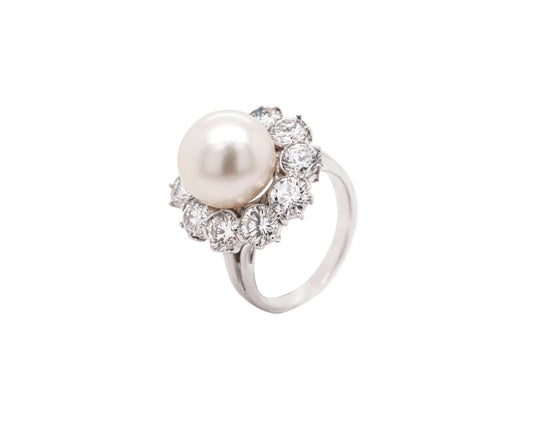 South Sea Pearl and Diamond 18 Carat White Gold Cluster Flower Engagement Ring