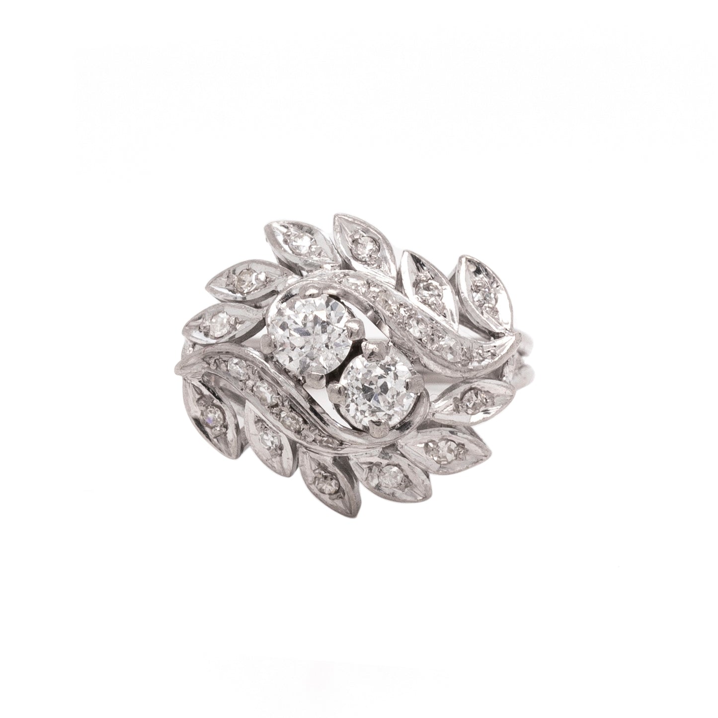 Old Cut Diamond 14 Carat White Gold Twist Leaf Design Cluster Dress Ring