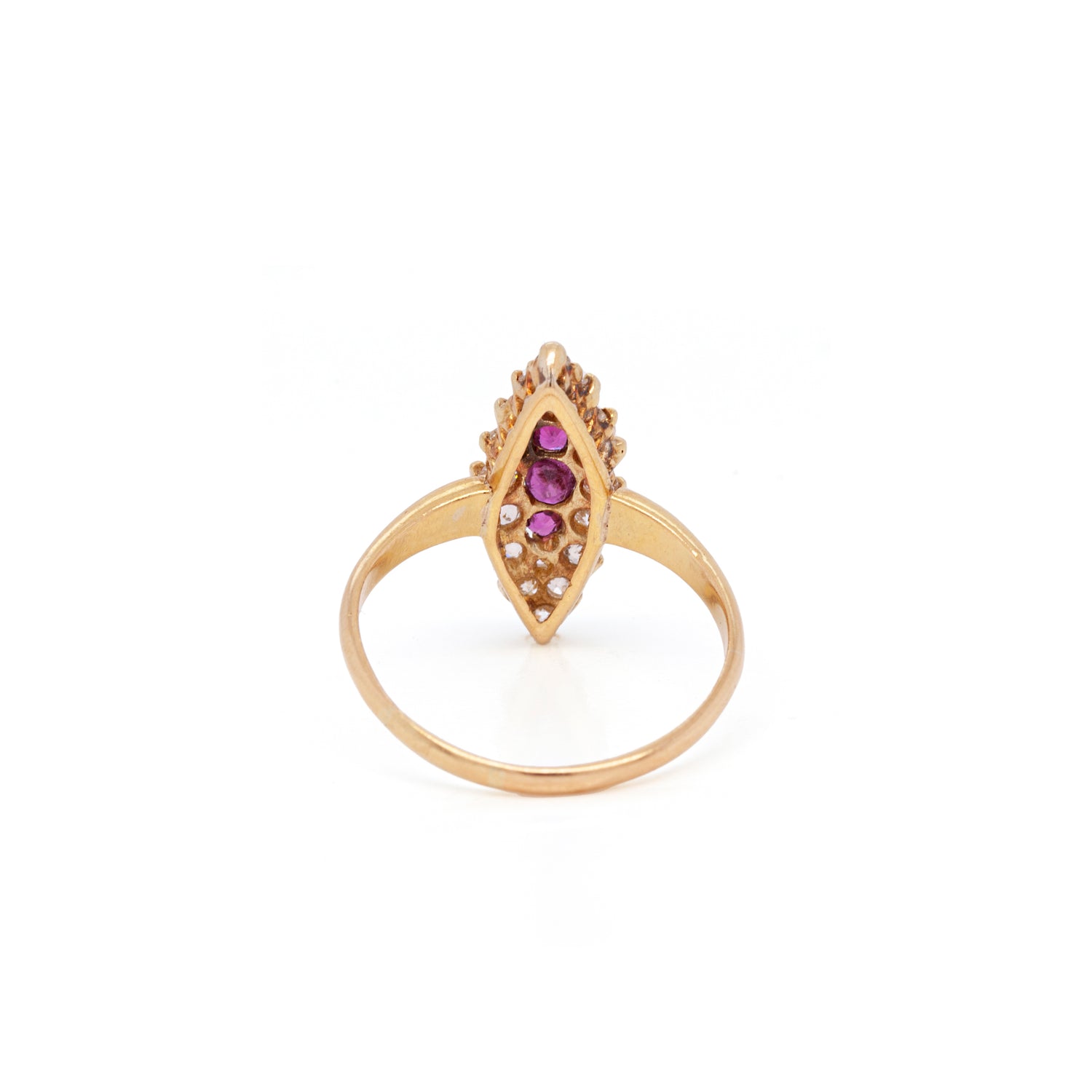 Ruby and Old Cut Diamond 18 Carat Yellow Gold Marquise Shape Cluster Ring