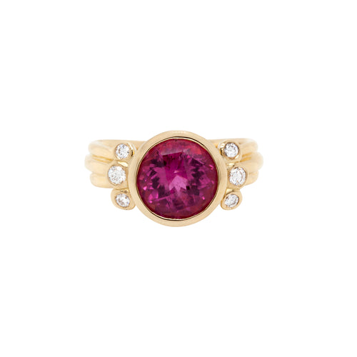 Dower and Hall 4.05ct Round Pink Tourmaline and Diamond 18ct Gold Dress Ring