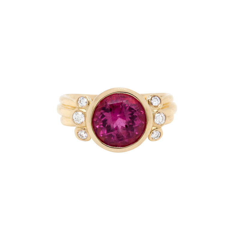 Dower and Hall 4.05ct Round Pink Tourmaline and Diamond 18ct Gold Dress Ring