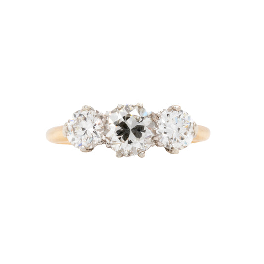 1.84 Carat Antique Three Stone Transitional-Cut Diamond and 18 Carat Gold Ring