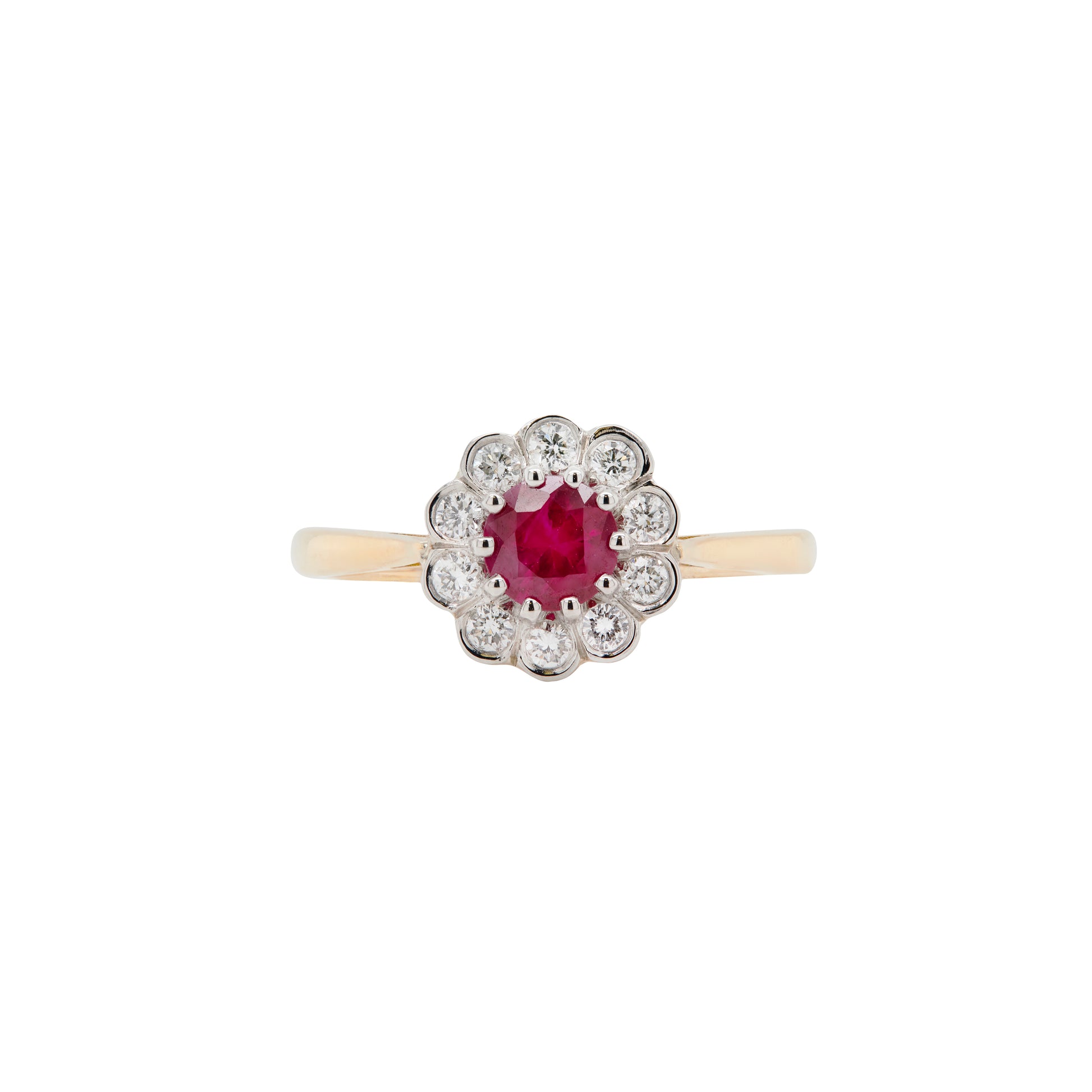 A stunning Round Ruby and Diamond Halo 18 Yellow Gold and Platinum Cluster Engagement Ring
